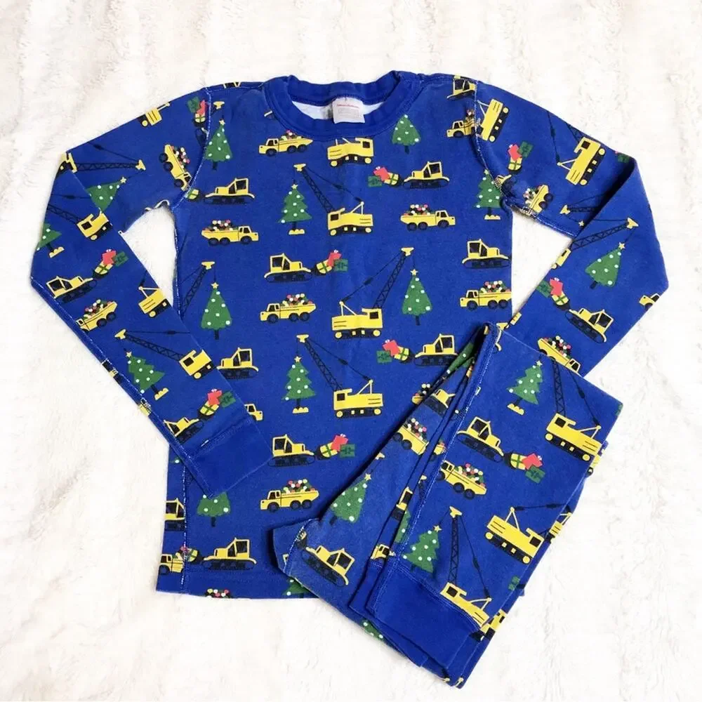 Hanna Andersson blue Christmas tree construction vehicle pajama set 150 or US 12